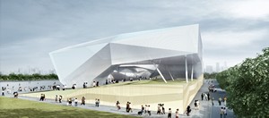 Außenansicht des deutschen Pavillons auf der Expo in Shanghai, Führer Shi Hongtian und Blick in das Innere der "Stadt im Gleichgewicht"